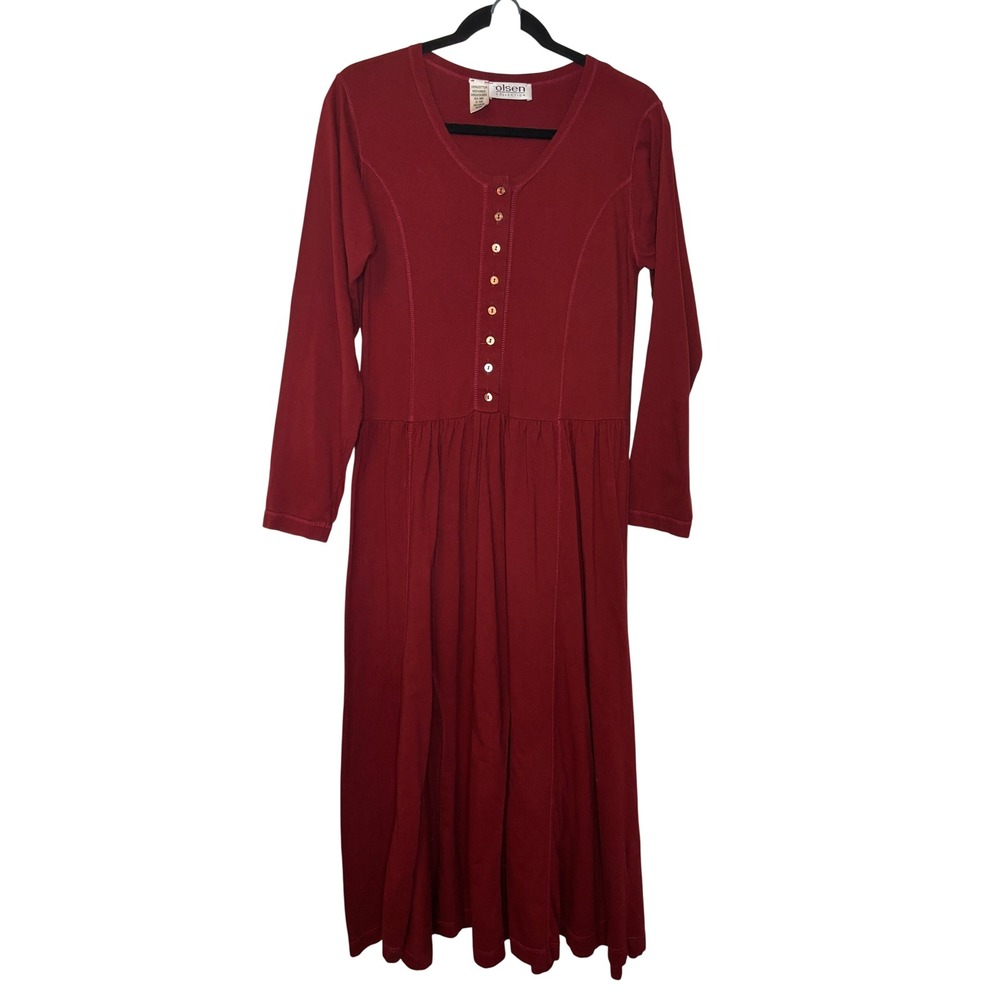 Olsen Collection Burgundy Cotton Henley Midi Dress Long Sleeve Red Vintage